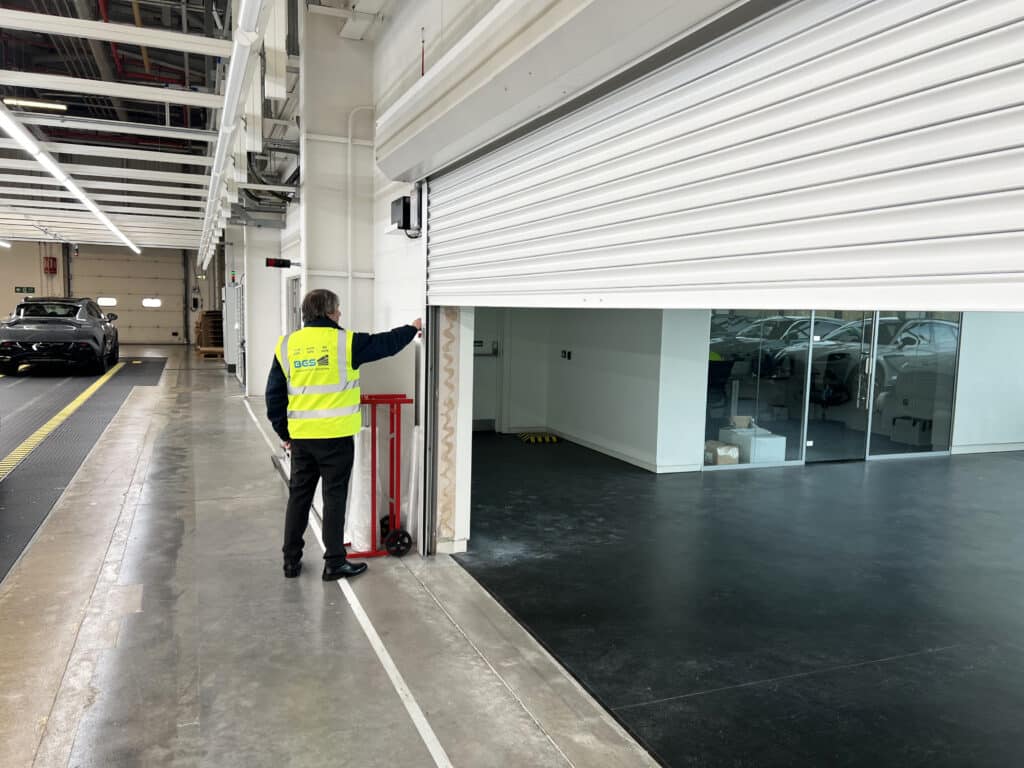 Fire-rated roller shutter door installation by BGS in St Athan, Cardiff, Wales.