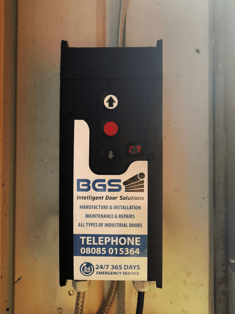 Operator or control system of 3-phase direct drive roller shutter door installed by BGS Warrington at James Copper site, Kendal; image 4/4 (9/10/2024)